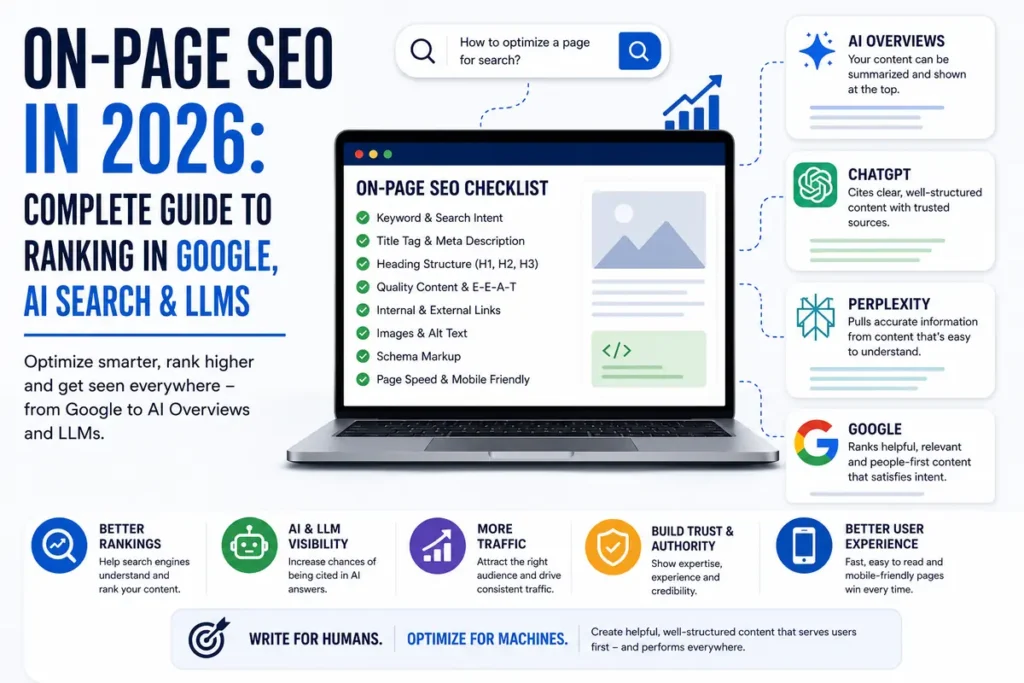 On-page SEO checklist infographic showing keyword research, title tags, heading structure, schema markup, and how content gets cited by Google, ChatGPT, and Perplexity