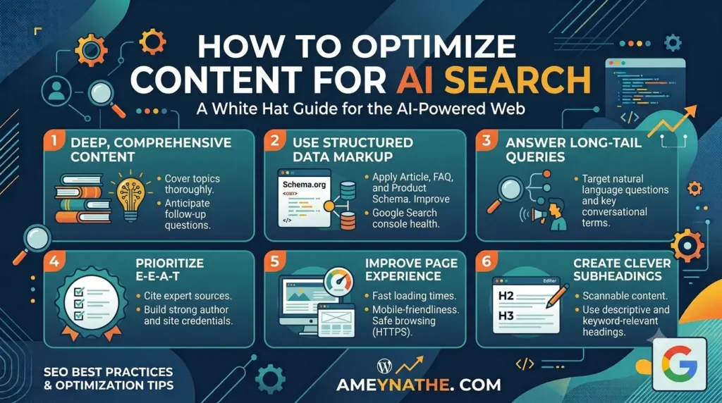 HOW TO OPTIMIZE CONTENT FOR AI SEARCH: A White Hat Guide for the AI-Powered Web. The infographic is presented by AMEYNATHE.COM and details six best practices for optimization: 1. Create In-Depth, Comprehensive Content, 2. Use Structured Data Markup, 3. Answer Long-Tail Queries, 4. Prioritize E-E-A-T, 5. Improve Page Experience, and 6. Create Clever Subheadings. Each section includes illustrative icons and specific bullet points. The design features a dark blue, teal, and orange color scheme with a Google logo in the corner